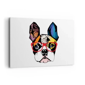 Cuadro sobre lienzo - Impresión de Imagen - Bulldog en una ilustración colorida con gafas rojas. - 100x70cm - El intelectual - Decoración de pared moderna para salón y dormitorio ARTTOR