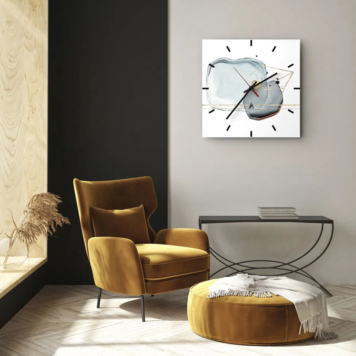 Reloj de pared - Reloj de vidrio - Formas abstractas en tonos azules y dorados sobre un fondo blanco. - 30x30cm - Un estudio de gotas - Decoración de pared moderna para salón y dormitorio ARTTOR