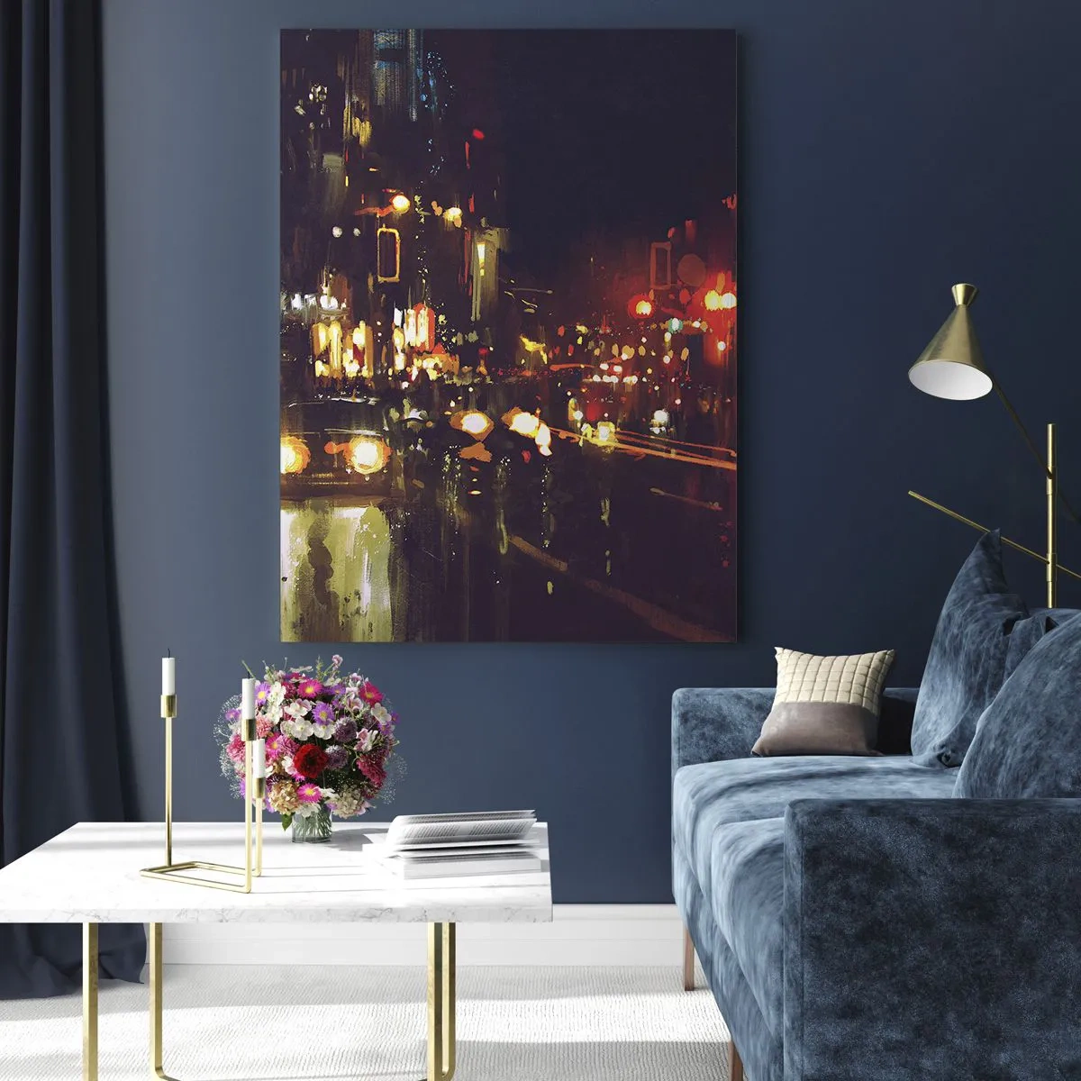 Cuadro sobre vidrio - Impresiones sobre Vidrio - Paisaje nocturno de la ciudad con coches y farolas - 50x70cm - Hundido en la luz de la noche - Decoración de pared moderna para salón y dormitorio ARTTOR