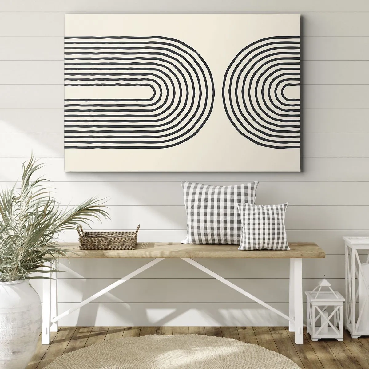 Cuadro sobre lienzo - Impresión de Imagen - Patrón geométrico abstracto con líneas simétricas sobre un fondo claro. - 70x50cm - Próximamente... - Decoración de pared moderna para salón y dormitorio ARTTOR
