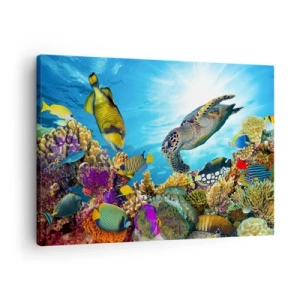 Cuadro sobre lienzo - Impresión de Imagen - Mundo submarino con peces de colores y una tortuga en el coral. - 70x50cm - Paseo del coral - Decoración de pared moderna para salón y dormitorio ARTTOR