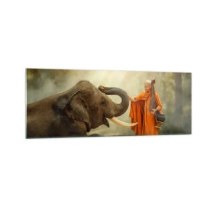 Cuadro sobre vidrio - Impresiones sobre Vidrio - Un monje y un elefante en armonía con la naturaleza como telón de fondo. - 140x50cm - Un encuentro en un viaje - Decoración de pared moderna para salón y dormitorio ARTTOR