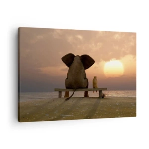 Cuadro sobre lienzo - Impresión de Imagen - Un elefante y un perro están sentados en un banco en la playa durante el atardecer. - 70x50cm - Es bueno estar en silencio juntos - Decoración de pared moderna para salón y dormitorio ARTTOR
