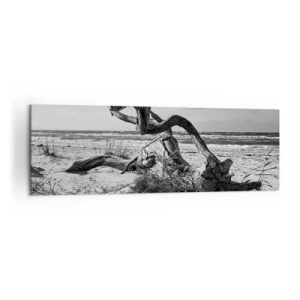 Cuadro sobre lienzo - Impresión de Imagen - Paisaje en blanco y negro con un árbol muerto en la playa. - 160x50cm - Escultura marina - Decoración de pared moderna para salón y dormitorio ARTTOR