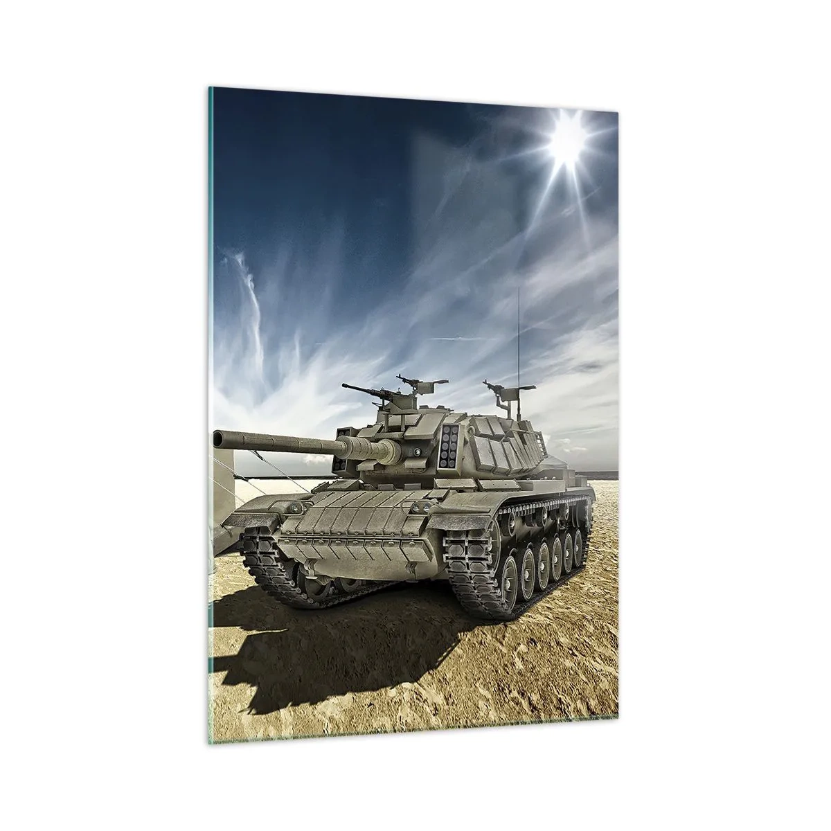 Cuadro sobre vidrio - Impresiones sobre Vidrio - Un tanque y una tienda de campaña en un fondo desértico bajo un cielo azul. - 50x70cm - Campaña militar - Decoración de pared moderna para salón y dormitorio ARTTOR