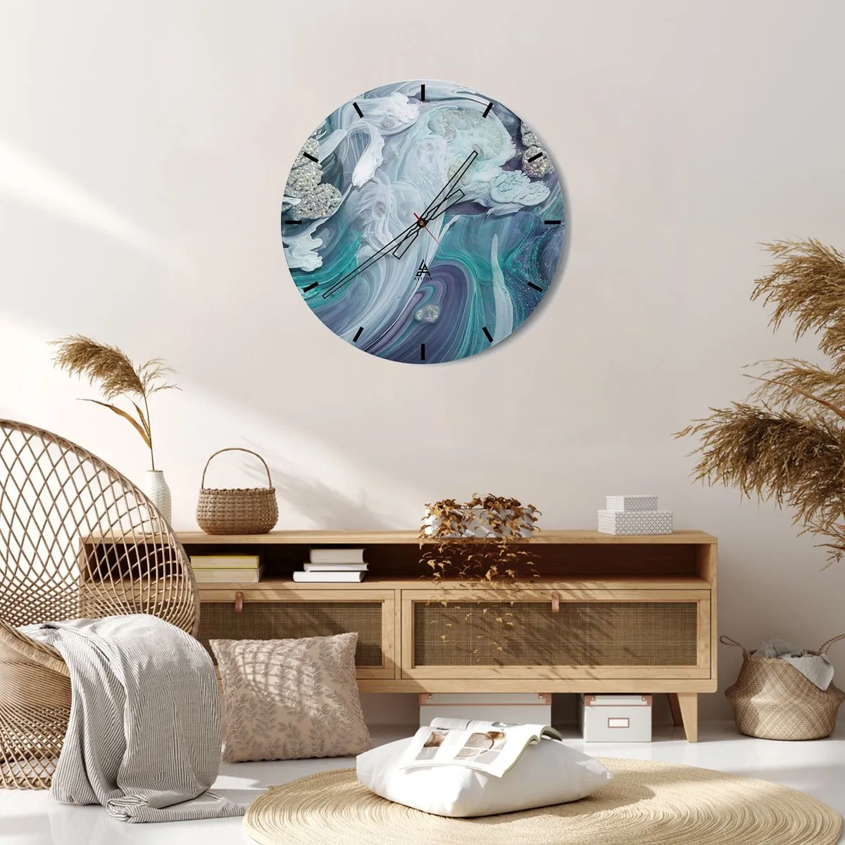 Reloj de pared - Reloj de vidrio - Una composición abstracta en azules y turquesas con brillo. - 30x30cm - Corrientes de azul - Decoración de pared moderna para salón, cocina y dormitorio ARTTOR