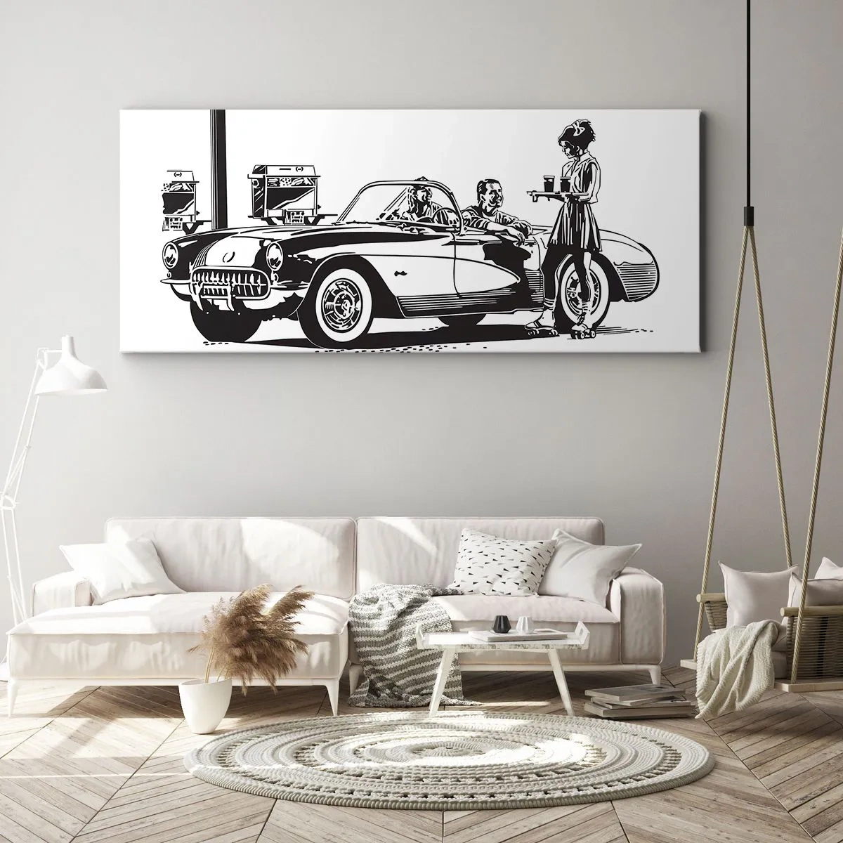 Cuadro sobre lienzo - Impresión de Imagen - Una escena retro en blanco y negro con un coche y una camarera en patines. - 160x50cm - Años 60 - la América despreocupada - Decoración de pared moderna para salón y dormitorio ARTTOR