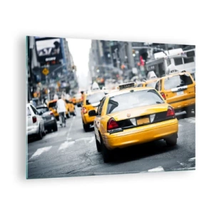 Cuadro sobre vidrio - Impresiones sobre Vidrio - Taxis amarillos en las calles de Nueva York en el bullicio de la ciudad. - 70x50cm - Solo en esta ciudad - Decoración de pared moderna para salón y dormitorio ARTTOR