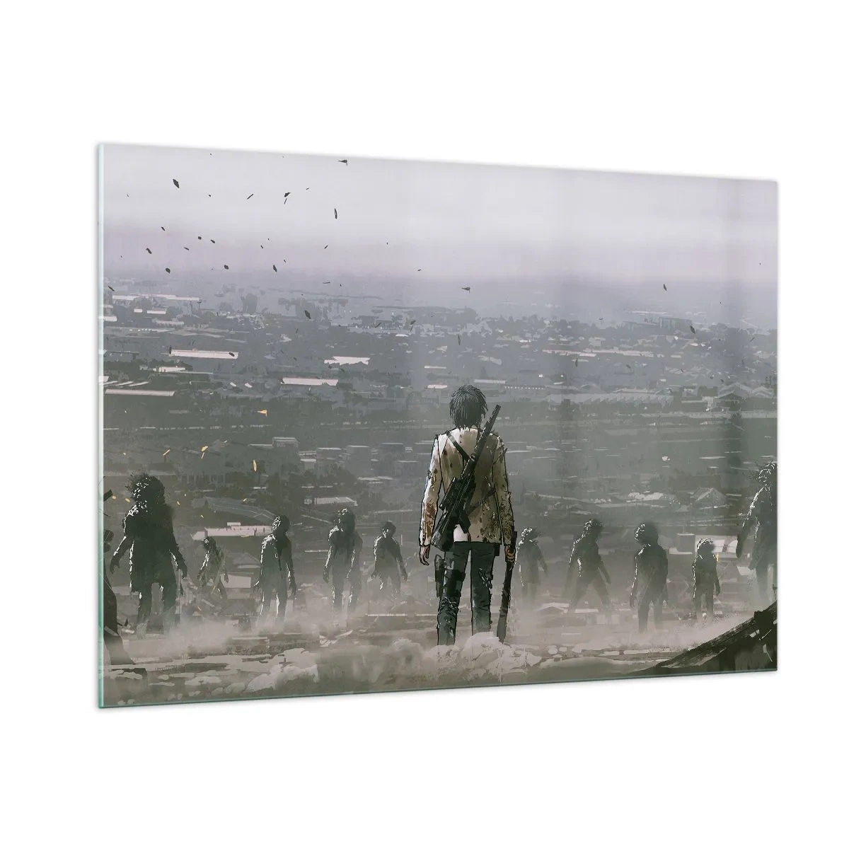 Cuadro sobre vidrio - Impresiones sobre Vidrio - Una figura con un rifle en el oscuro escenario de un grupo que se acerca. - 100x70cm - Soy leyenda - Decoración de pared moderna para salón y dormitorio ARTTOR