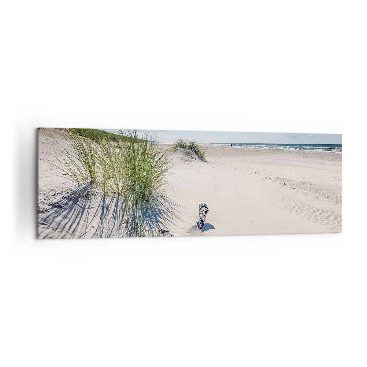 Cuadro sobre lienzo - Impresión de Imagen - Una playa báltica con arena, césped y un cielo azul tranquilo. - 160x50cm - ¿La más bella? Báltico - Decoración de pared moderna para salón y dormitorio ARTTOR