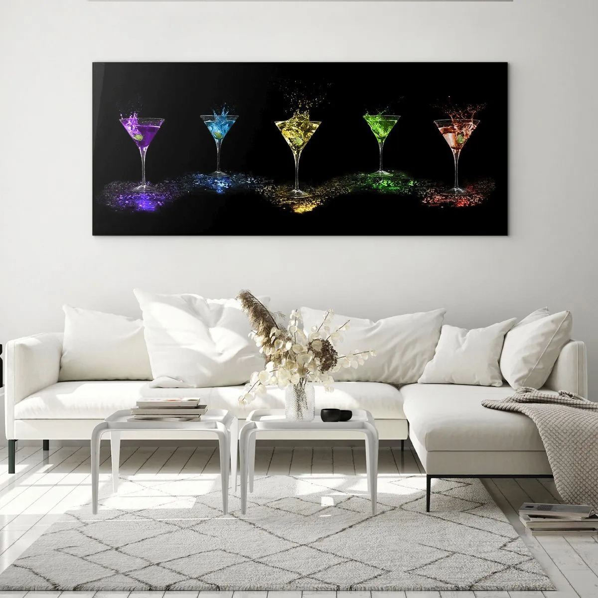Cuadro sobre vidrio - Impresiones sobre Vidrio - Cócteles coloridos en vasos sobre un fondo negro - 120x50cm - Los colores de la alegría en una copa de cristal - Decoración de pared moderna para salón y dormitorio ARTTOR