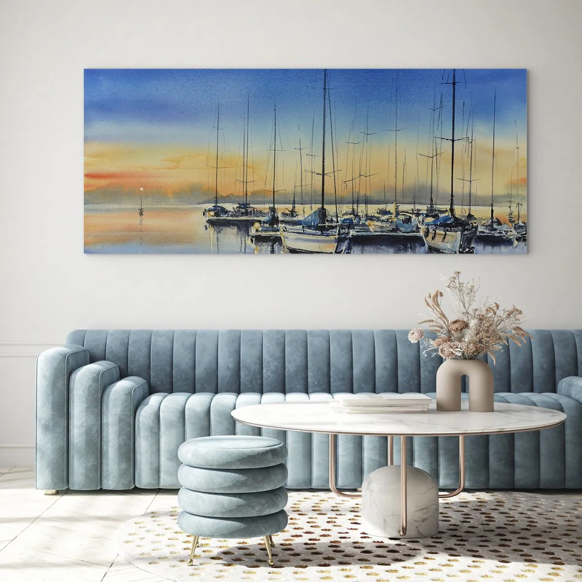 Cuadro sobre vidrio - Impresiones sobre Vidrio - Puerto de yates al atardecer con reflejos en el agua - 140x50cm - El final de un buen día - Decoración de pared moderna para salón y dormitorio ARTTOR