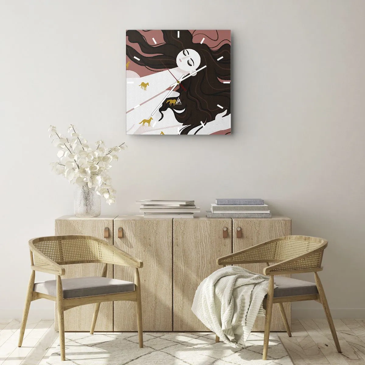 Reloj de pared - Reloj de vidrio - Una figura con los ojos cerrados rodeada de caballos dorados. - 30x30cm - Sueño de caballos dorados - Decoración de pared moderna para salón y dormitorio ARTTOR