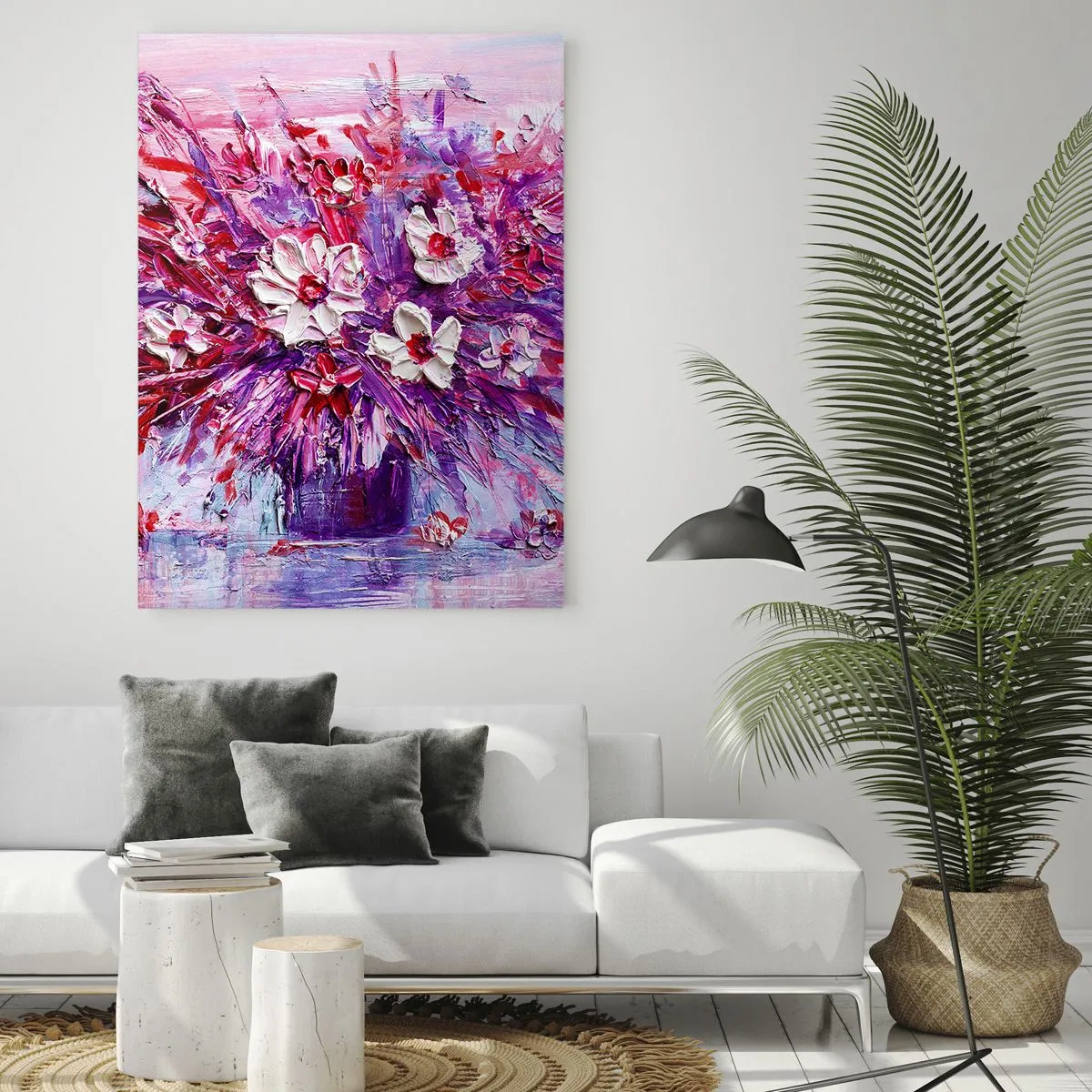 Cuadro sobre vidrio - Impresiones sobre Vidrio - Un ramo de flores en tonos rosa y morado. - 50x70cm - Inocencia y pasión - Decoración de pared moderna para salón y dormitorio ARTTOR