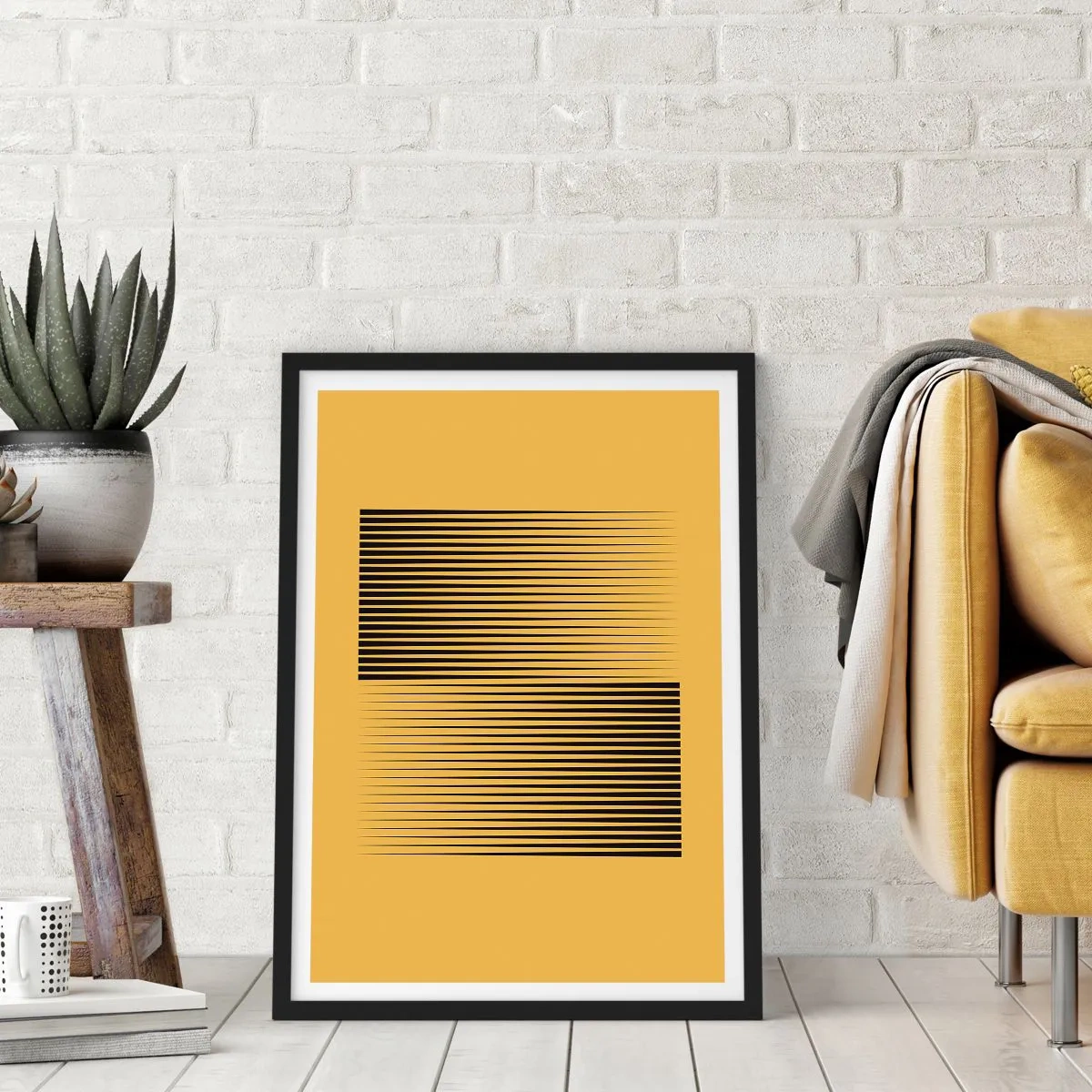 Póster en marco negro - Una composición minimalista de líneas sobre un fondo mostaza. - 50x70cm - Cuadrado de opuestos - Decoración de pared moderna para salón y dormitorio ARTTOR