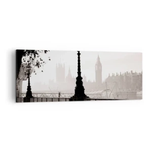 Cuadro sobre lienzo - Impresión de Imagen - Una vista monocromática del Big Ben y el Támesis. - 140x50cm - La mañana de Londres - Decoración de pared moderna para salón y dormitorio ARTTOR