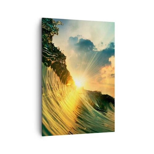 Cuadro sobre lienzo - Impresión de Imagen - Una ola con el sol poniente y nubes iluminadas. - 70x100cm - Surfer, ¿dónde estás? - Decoración de pared moderna para salón y dormitorio ARTTOR