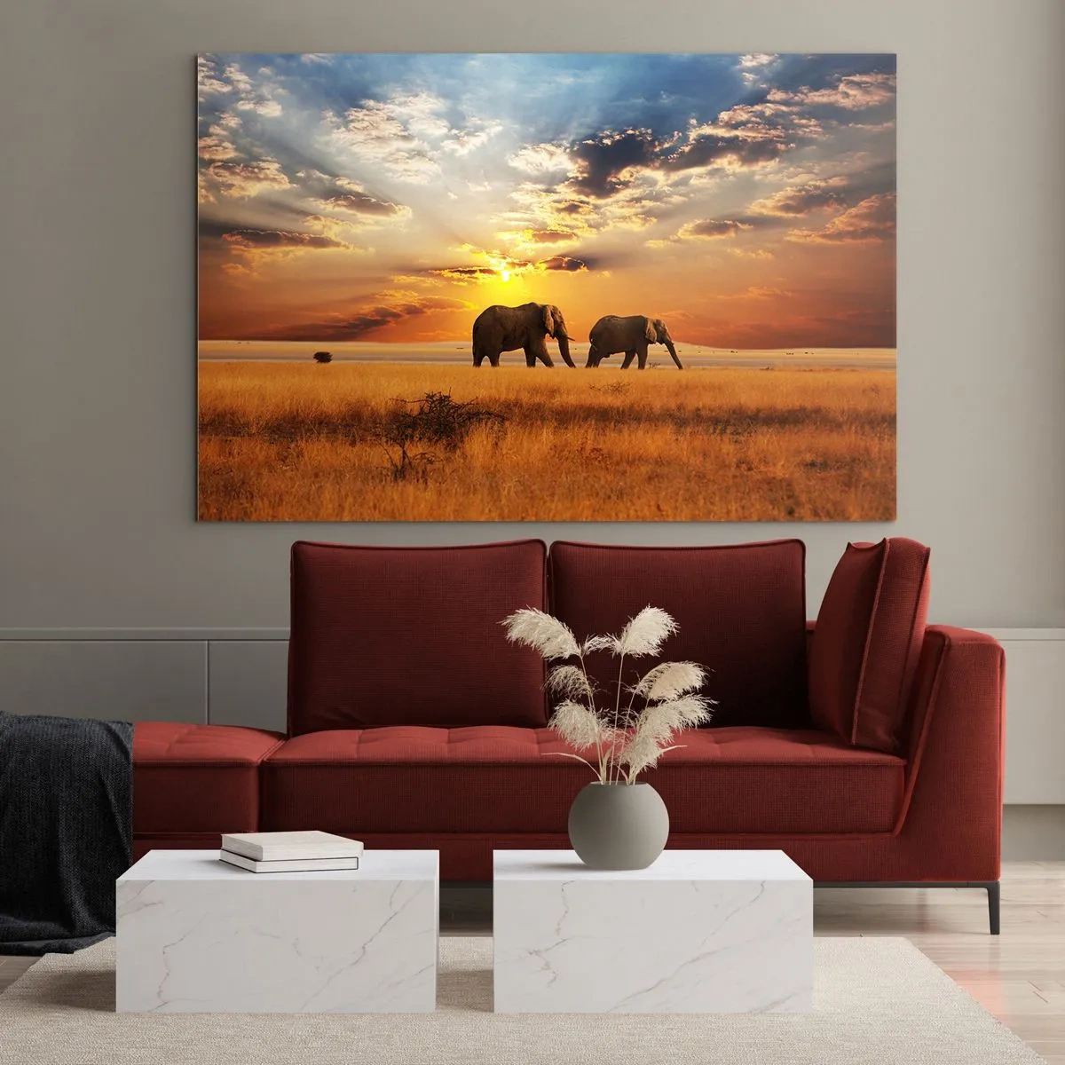 Cuadro sobre vidrio - Impresiones sobre Vidrio - Elefantes en la sabana africana al atardecer - 100x70cm - Un paseo en familia - Decoración de pared moderna para salón y dormitorio ARTTOR