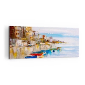 Cuadro sobre lienzo - Impresión de Imagen - Barcos coloridos en la orilla con vistas al horizonte de la ciudad - 120x50cm - Puerto urbano multicolor - Decoración de pared moderna para salón y dormitorio ARTTOR