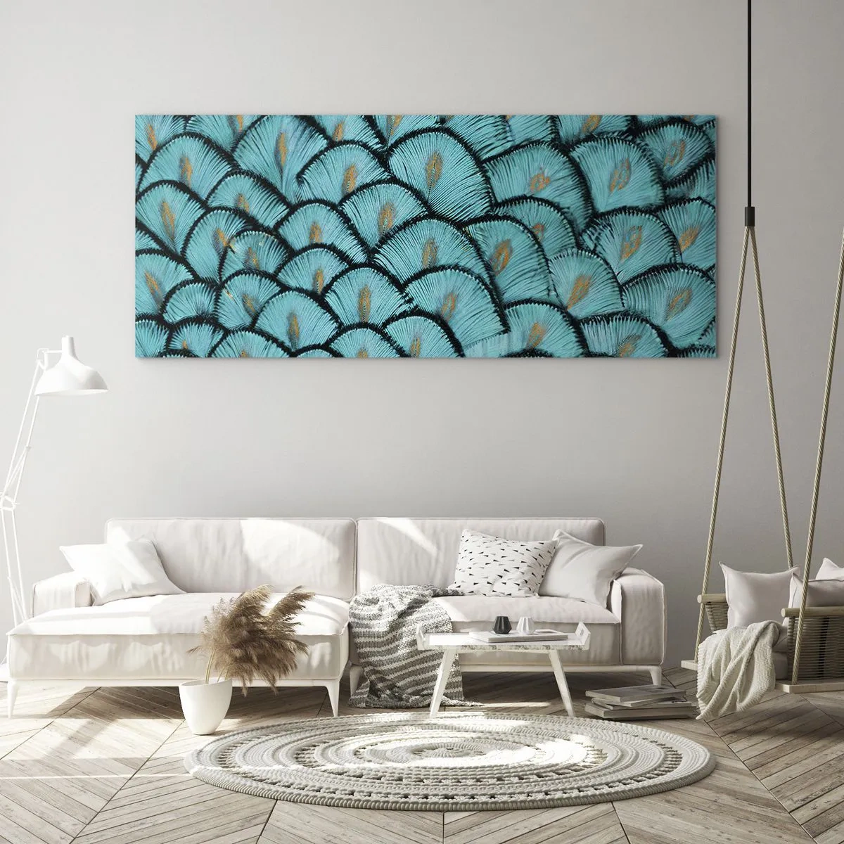 Cuadro sobre vidrio - Impresiones sobre Vidrio - Un patrón que se asemeja a escamas turquesas con acentos dorados. - 160x50cm - La gran gala de las plumas - Decoración de pared moderna para salón y dormitorio ARTTOR