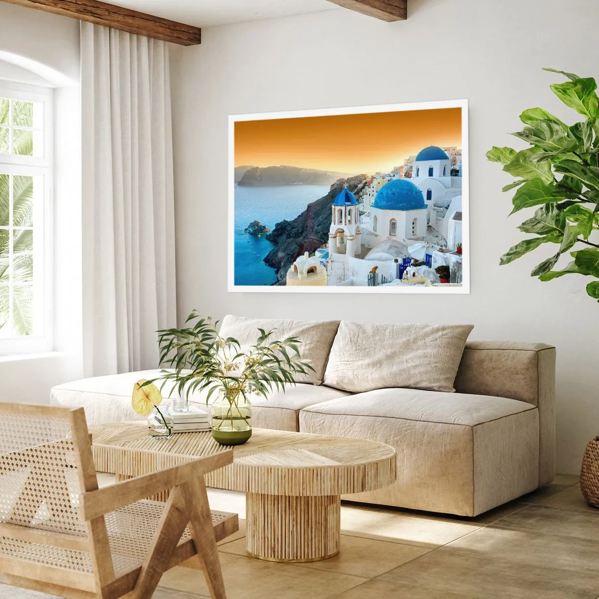 Póster - Vista de Santorini con edificios blancos y mar azul. - 100x70cm - Santorini - el abrazo a las rocas - Decoración de pared moderna para salón y dormitorio ARTTOR