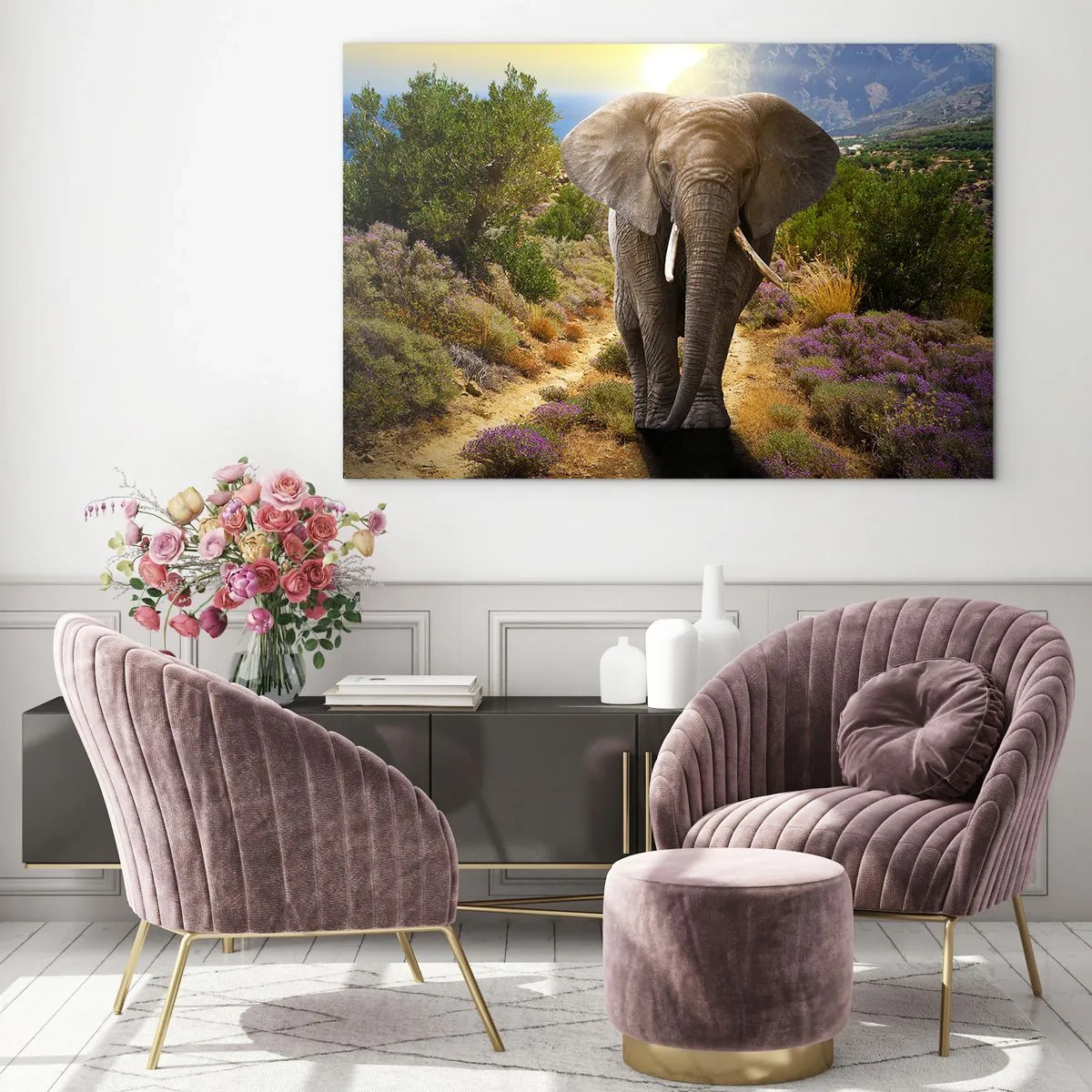 Cuadro sobre vidrio - Impresiones sobre Vidrio - Un elefante frente a un paisaje montañoso al atardecer. - 70x50cm - Este es el aspecto del Edén - Decoración de pared moderna para salón y dormitorio ARTTOR