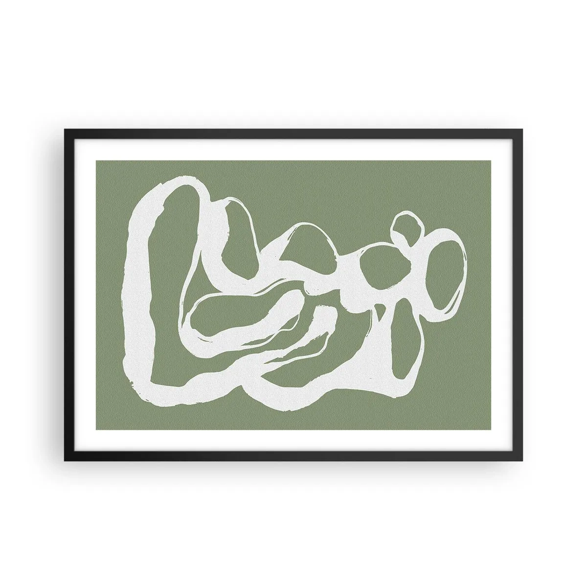 Póster en marco negro - Formas orgánicas en blanco sobre fondo verde. - 70x50cm - La llamada del espacio - Decoración de pared moderna para salón y dormitorio ARTTOR