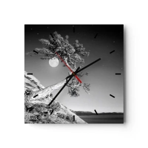 Reloj de pared - Reloj de vidrio - Árbol en blanco y negro en un acantilado con la luna al fondo - 30x30cm - Un guerrero victorioso - Decoración de pared moderna para salón y dormitorio ARTTOR