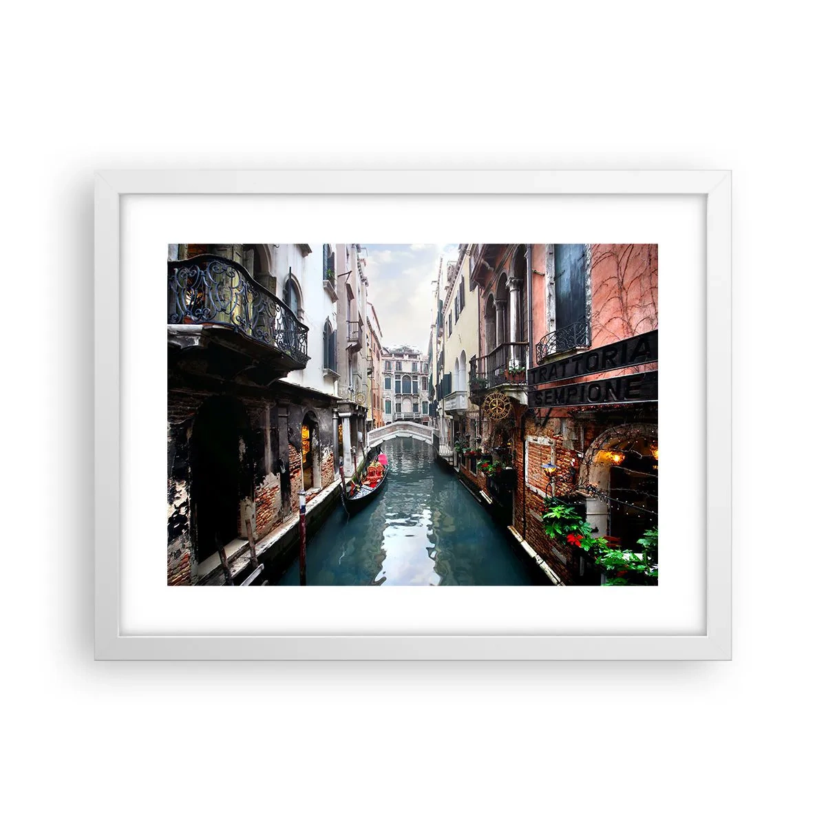 Póster en marco blanco - Paisaje veneciano con góndola y puente - 40x30 cm