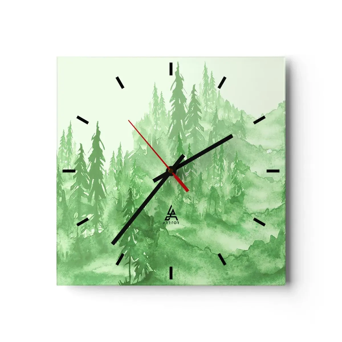 Reloj de pared - Reloj de vidrio - Bosque verde en estilo acuarela sobre un fondo claro - 30x30cm - Difuminado con niebla verde - Decoración de pared moderna para salón y dormitorio ARTTOR