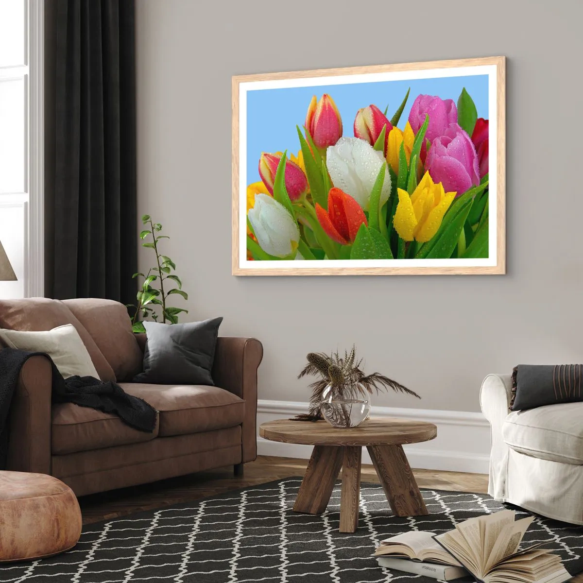 Póster en marco roble claro - Arco iris floral en gotas de rocío - 70x50 cm