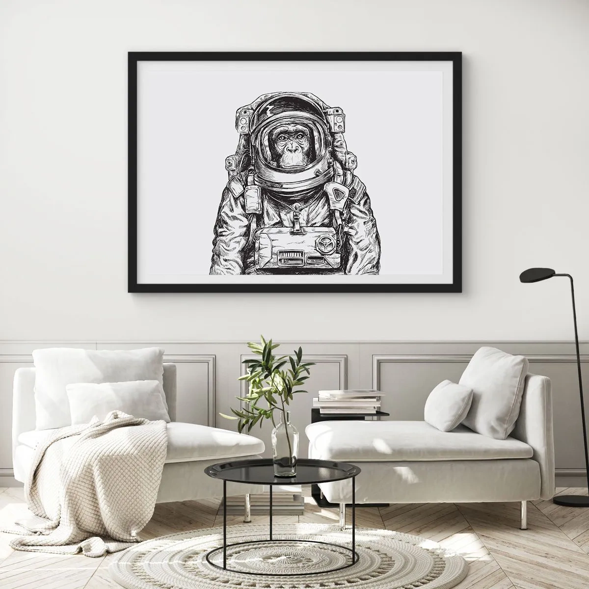 Póster en marco negro - Gráfico de un astronauta en un traje espacial con cabeza de mono. - 70x50cm - Evolución alternativa - Decoración de pared moderna para salón y dormitorio ARTTOR
