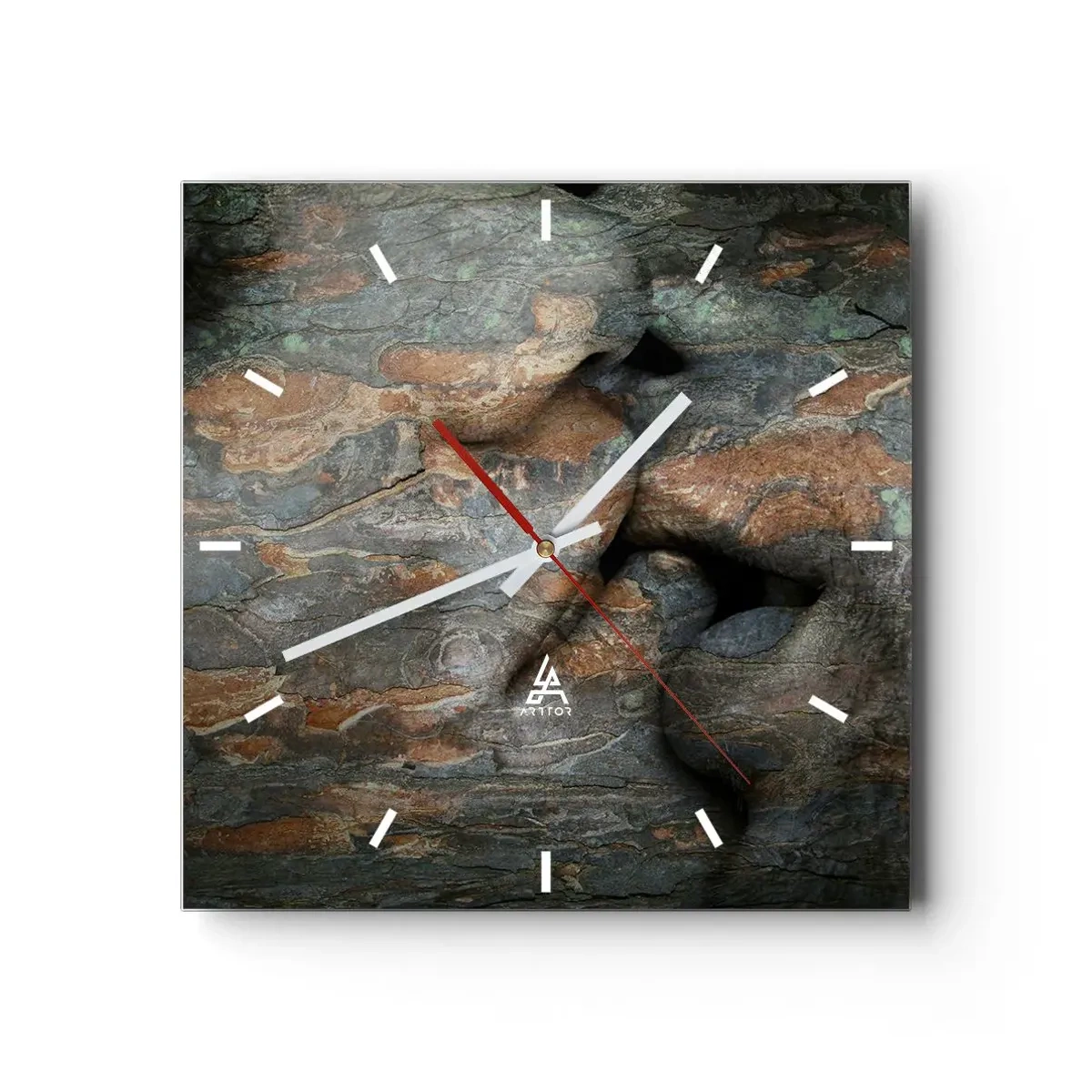 Reloj de pared - Reloj de vidrio - Un motivo artístico de un rostro tallado en roca con efecto de textura natural. - 30x30cm - Juntos para siempre - Decoración de pared moderna para salón y dormitorio ARTTOR