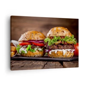 Cuadro sobre lienzo - Impresión de Imagen - Deliciosas hamburguesas con verduras y salsa. - 70x50cm - El sueño americano - Decoración de pared moderna para salón y dormitorio ARTTOR