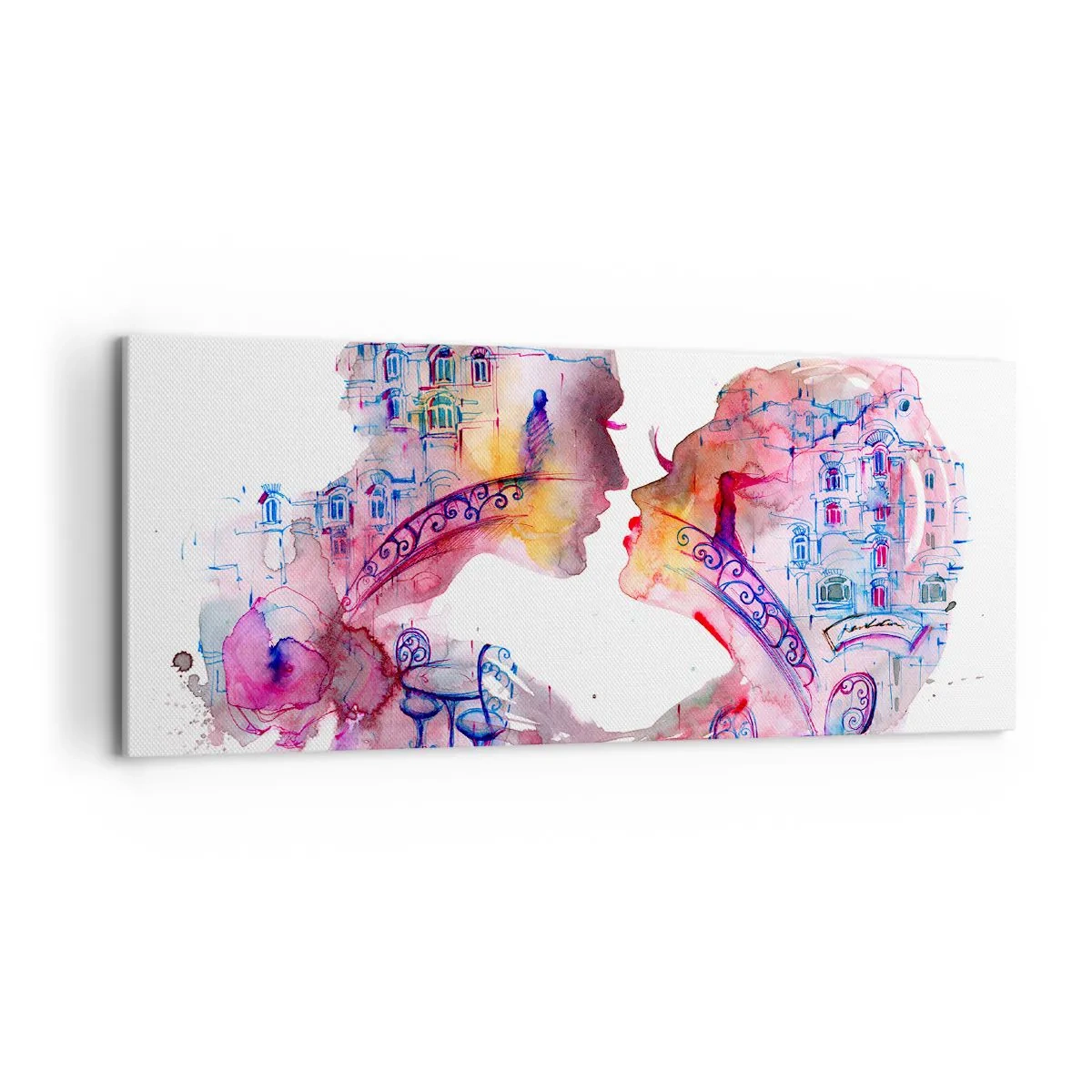 Cuadro sobre lienzo - Impresión de Imagen - Una acuarela romántica que representa las siluetas de los amantes. - 120x50cm - Un puente secreto de suspiros - Decoración de pared moderna para salón y dormitorio ARTTOR