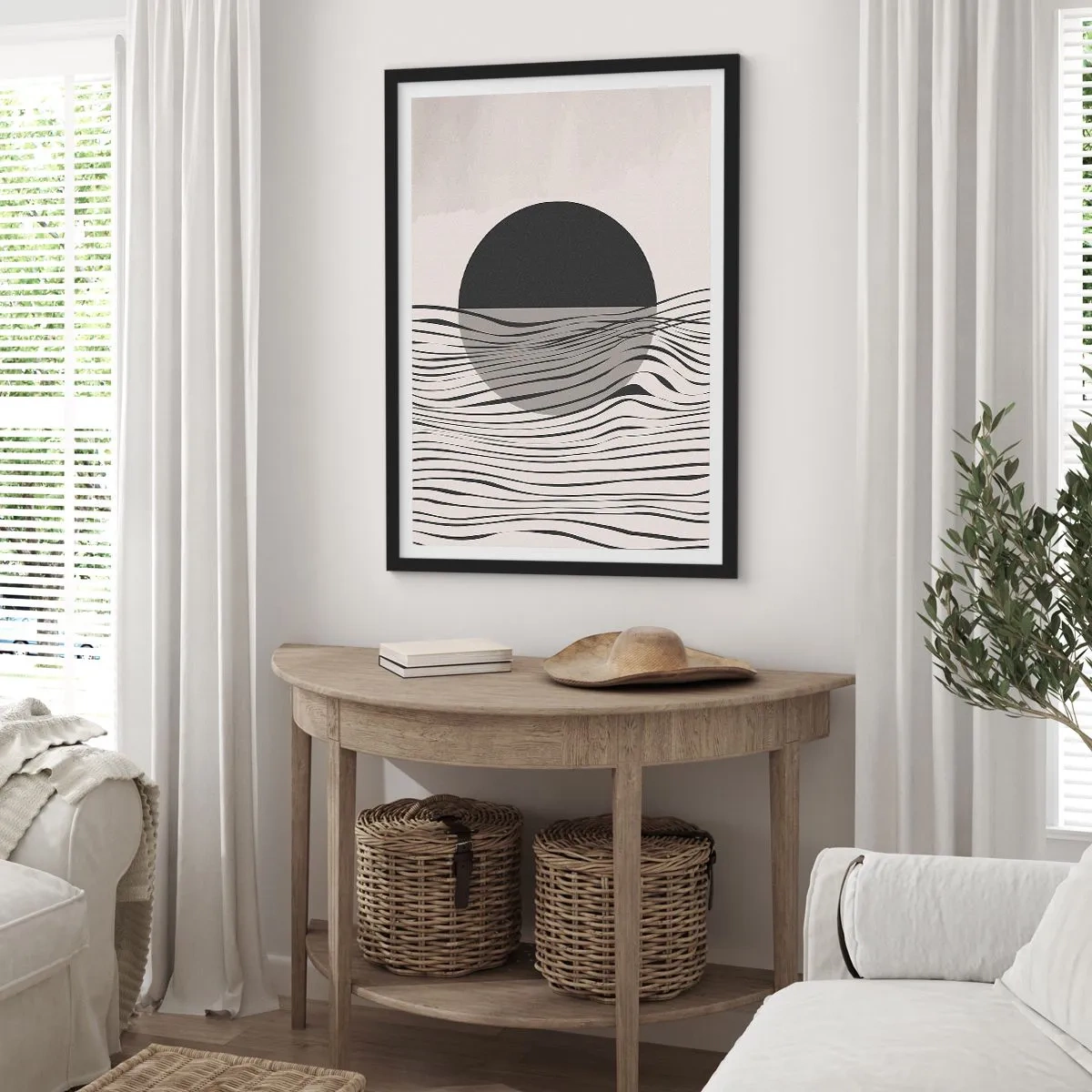 Póster en marco negro - Atardecer abstracto con líneas de ondas - 50x70cm - Media composición - Decoración de pared moderna para salón y dormitorio ARTTOR