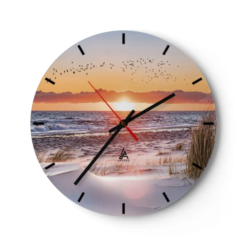 Reloj de pared - Reloj de vidrio - Puesta de sol sobre el mar con pájaros y arena en primer plano. - 30x30cm - Paisaje horizontal - Decoración de pared moderna para salón, cocina y dormitorio ARTTOR