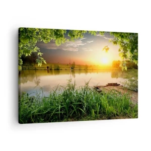 Cuadro sobre lienzo - Impresión de Imagen - Paisaje verde con un lago al atardecer - 70x50cm - Paisaje en un marco verde - Decoración de pared moderna para salón y dormitorio ARTTOR
