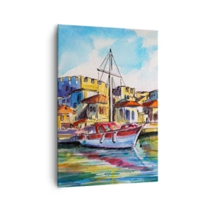 Cuadro sobre lienzo - Impresión de Imagen - Un puerto pintoresco con un barco y edificios coloridos. - 70x100cm - Tarde de arco iris - Decoración de pared moderna para salón y dormitorio ARTTOR