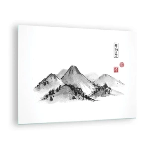 Cuadro sobre vidrio - Impresiones sobre Vidrio - Un paisaje de montaña minimalista de estilo oriental. - 70x50cm - Más allá de lo lejano - Decoración de pared moderna para salón y dormitorio ARTTOR