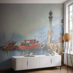 Fotomural Premium Sand - Un puerto en la niebla con barcos rojos y un faro. - 100x70cm - En el fin del mundo - Decoración de pared moderna para salón y dormitorio ARTTOR