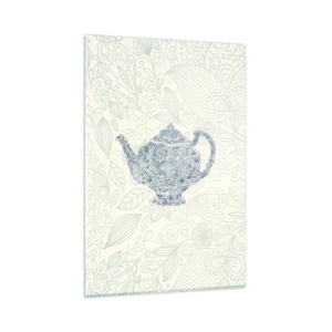 Cuadro sobre vidrio - Impresiones sobre Vidrio - Dibujo decorativo de una tetera con adornos azules. - 80x120cm - El encanto del té - Decoración de pared moderna para salón y dormitorio ARTTOR