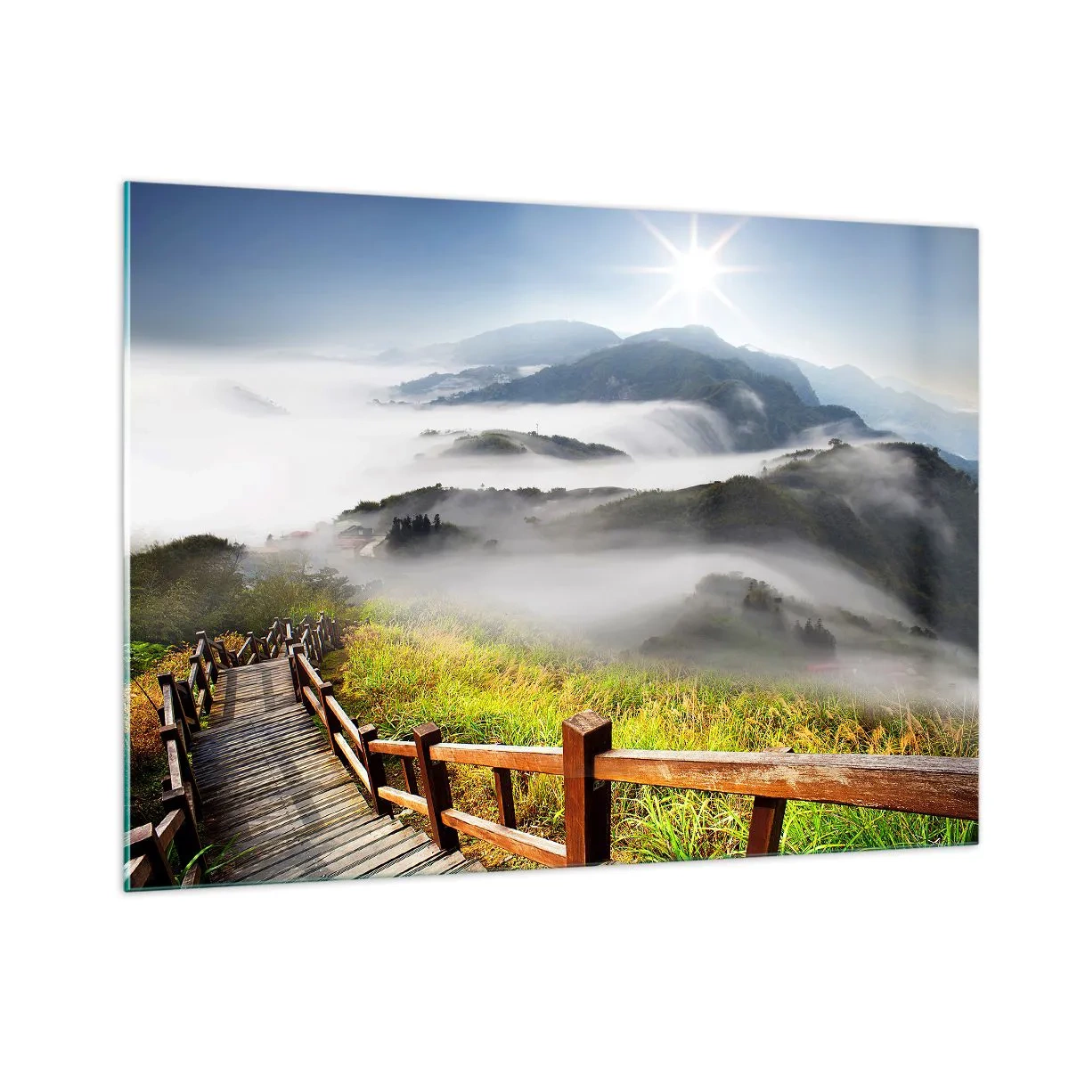 Cuadro sobre vidrio - Impresiones sobre Vidrio - Paisaje de montaña con niebla y un camino de madera al amanecer. - 100x70cm - Tejido de resplandor y niebla - Decoración de pared moderna para salón y dormitorio ARTTOR