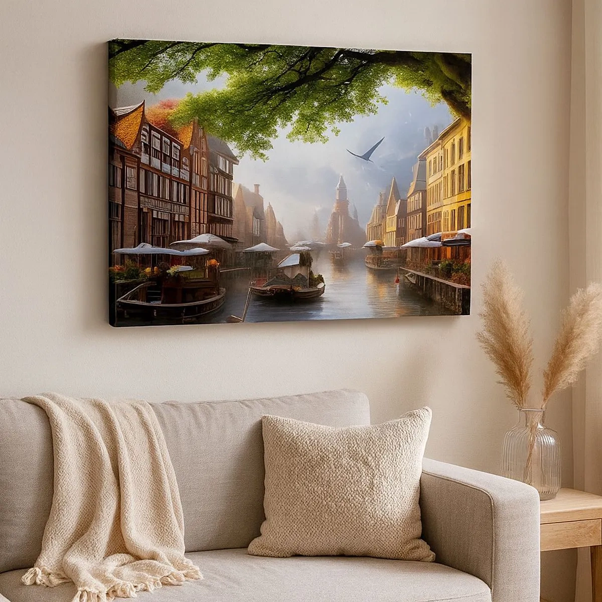 Cuadro sobre lienzo - Impresión de Imagen - Un pintoresco paisaje holandés con un canal y casas de vecindad. - 70x50cm - Paisaje urbano holandés - Decoración de pared moderna para salón y dormitorio ARTTOR