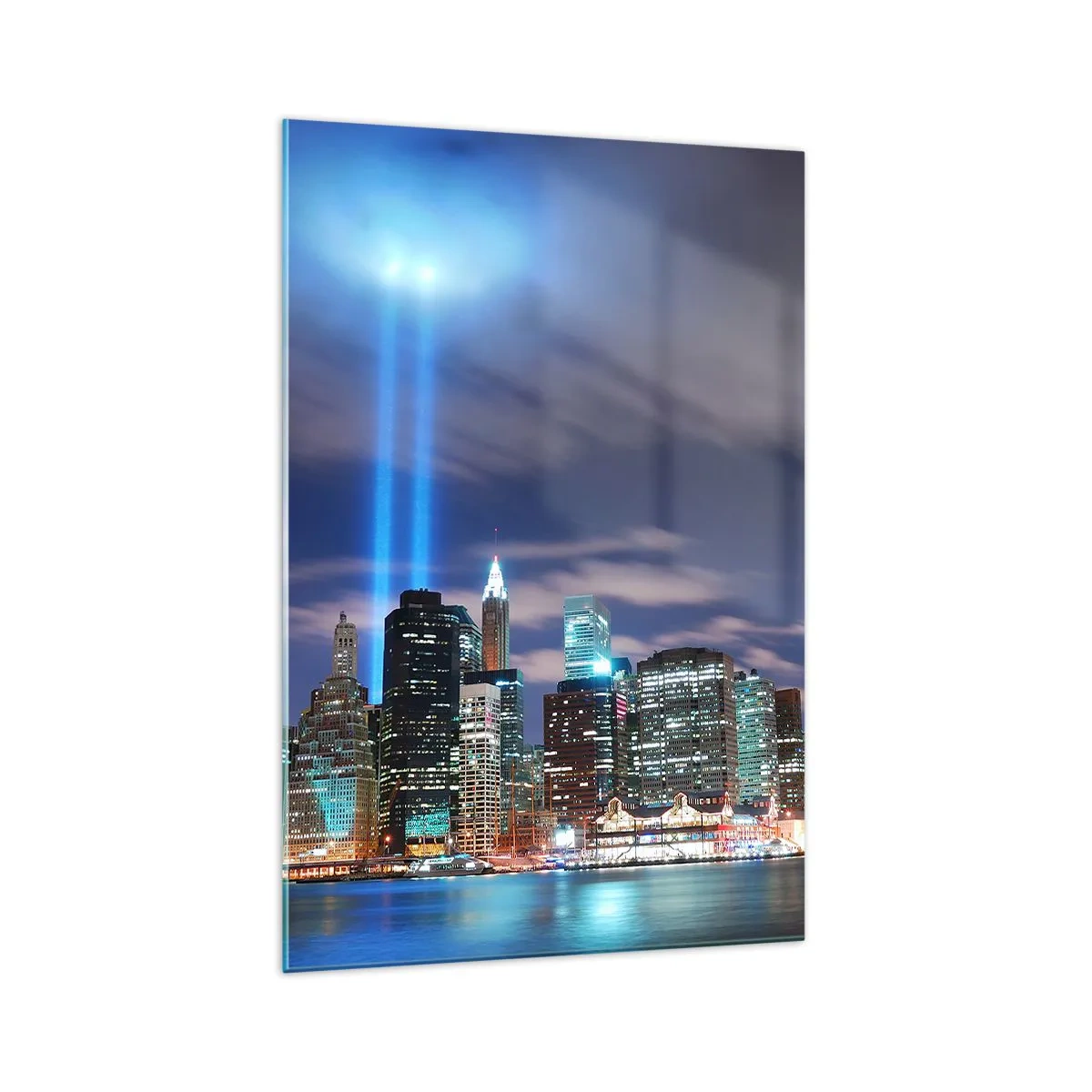 Cuadro sobre vidrio - Impresiones sobre Vidrio - Panorama nocturno de la ciudad con dos rayos de luz brillantes en el cielo - 70x100cm - Con luz para alcanzar el cielo - Decoración de pared moderna para salón y dormitorio ARTTOR