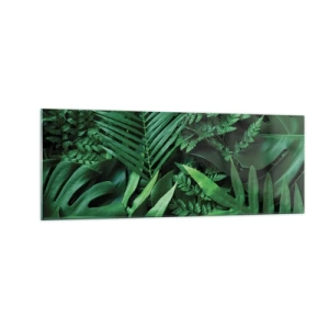 Cuadro sobre vidrio - Impresiones sobre Vidrio - Hojas tropicales verdes en una composición densa y natural. - 140x50cm - Abrazo verde - Decoración de pared moderna para salón y dormitorio ARTTOR