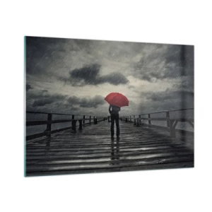 Cuadro sobre vidrio - Impresiones sobre Vidrio - Un hombre con un paraguas rojo en un muelle de madera bajo la lluvia. - 100x70cm - No importa que llueva - Decoración de pared moderna para salón y dormitorio ARTTOR