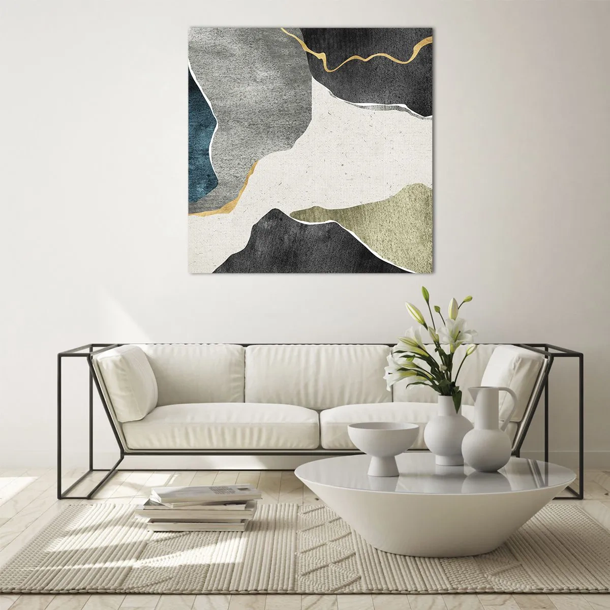 Cuadro sobre vidrio - Impresiones sobre Vidrio - Composición en mosaico con una hebra de oro - 70x70 cm