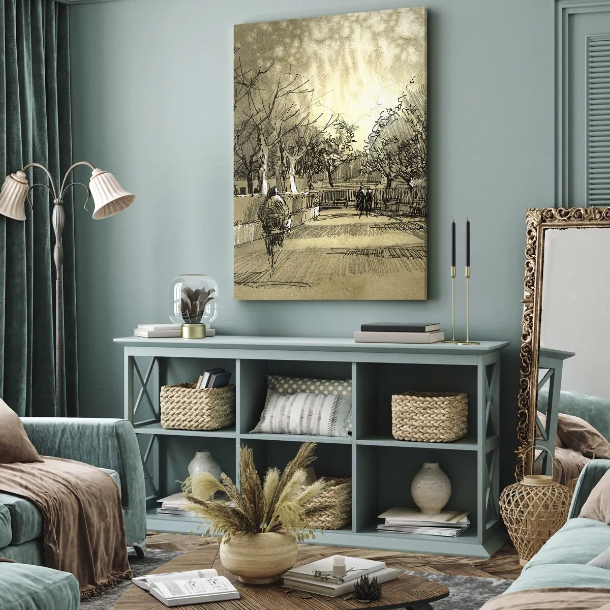 Cuadro sobre lienzo - Impresión de Imagen - Una escena de dibujos animados de un parque con gente caminando en tonos cálidos. - 50x70cm - Un momento hecho a pluma - Decoración de pared moderna para salón y dormitorio ARTTOR