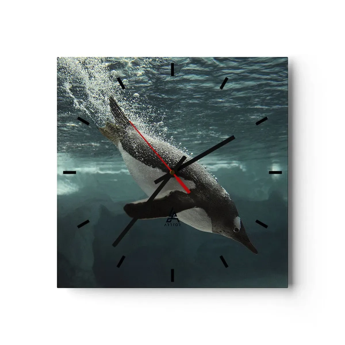 Reloj de pared - Reloj de vidrio - Un pingüino sumergiéndose en las profundidades del agua helada. - 30x30cm - Bienvenido a mi mundo - Decoración de pared moderna para salón y dormitorio ARTTOR